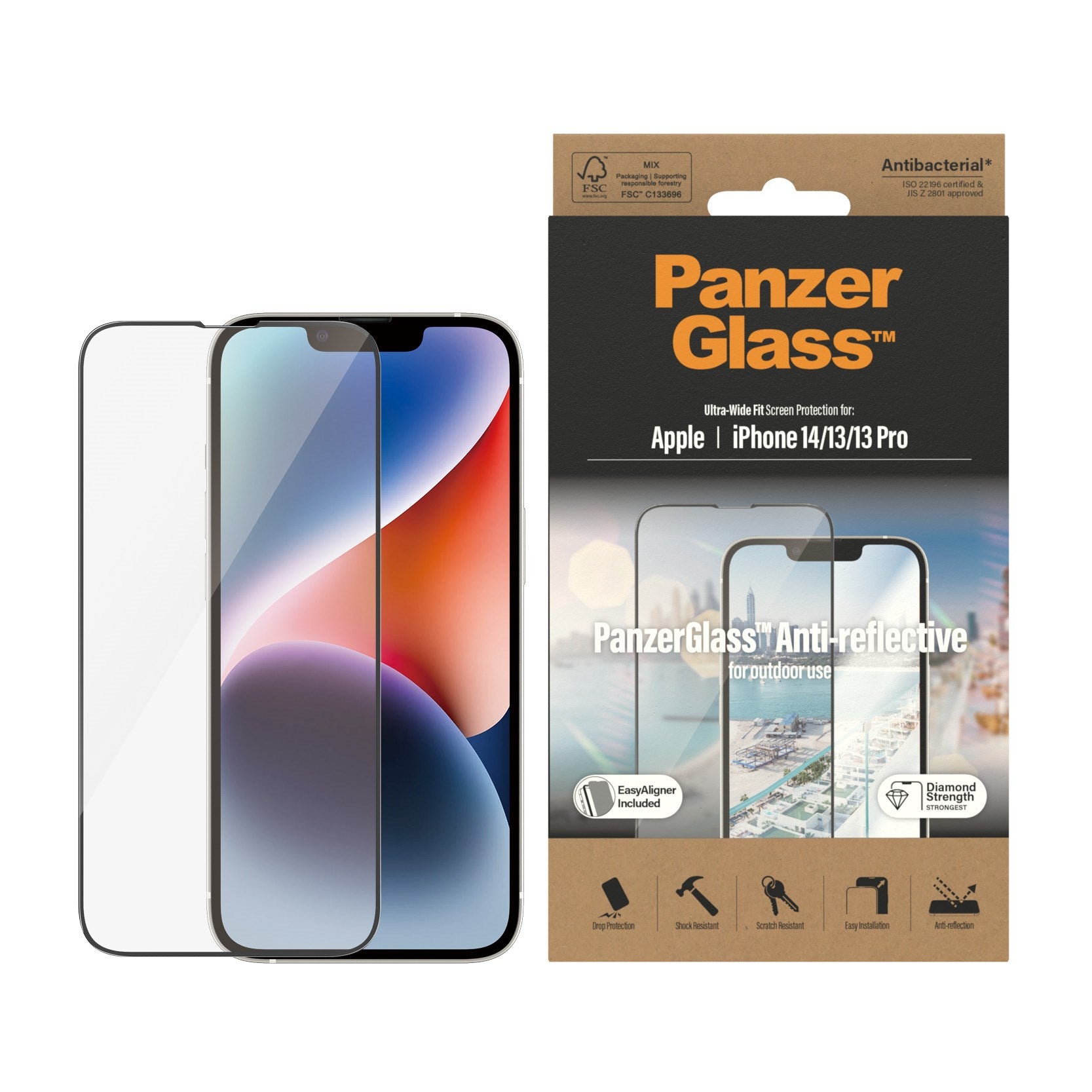 PanzerGlass® Anti-reflective Skærmbeskyttelse iPhone 14 | 13 | 13 Pro | Ultra-Wide Fit m. EasyAligner